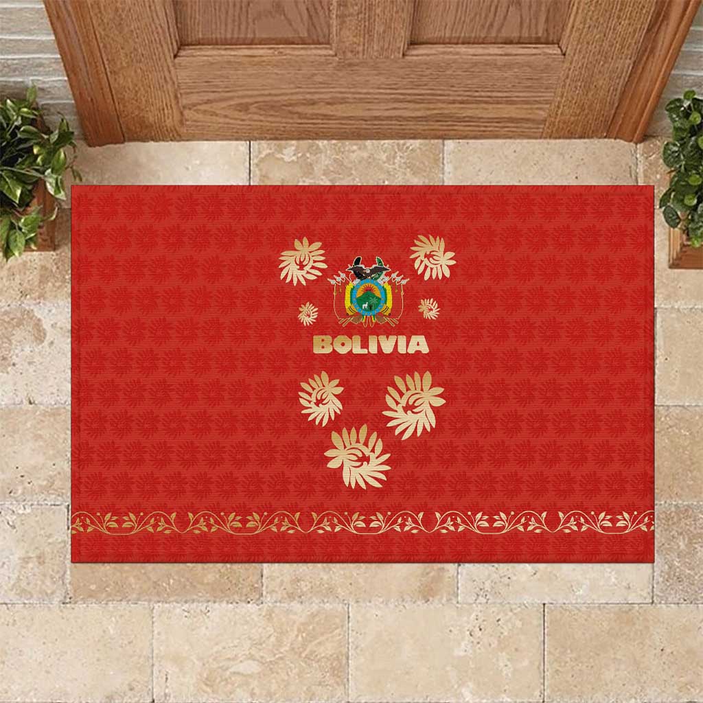 Bolivia National Emblem Rubber Doormat with Floral Pattern and Red Folk Design
