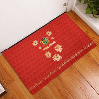 Bolivia National Emblem Rubber Doormat with Floral Pattern and Red Folk Design