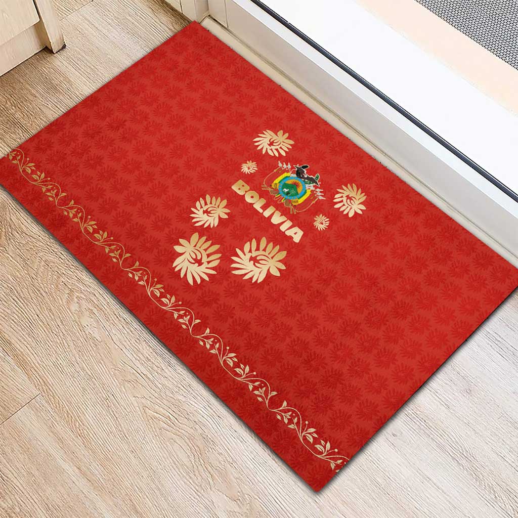 Bolivia National Emblem Rubber Doormat with Floral Pattern and Red Folk Design
