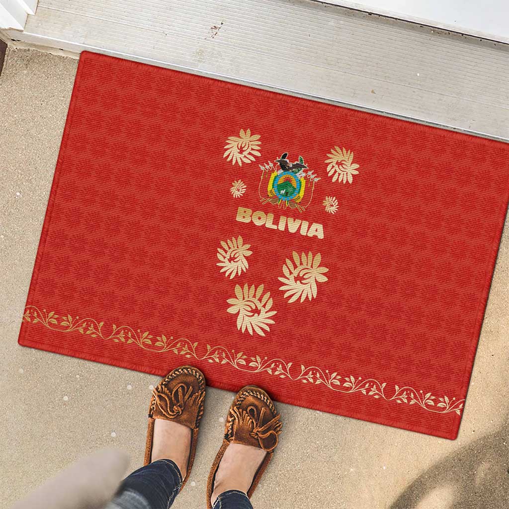 Bolivia National Emblem Rubber Doormat with Floral Pattern and Red Folk Design