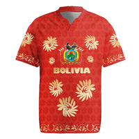 Bolivia National Emblem Rugby Jersey with Floral Pattern and Red Folk Design