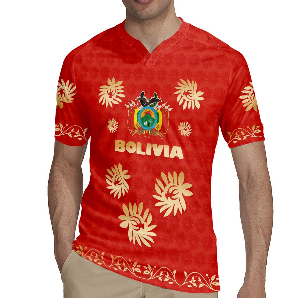 Bolivia National Emblem Rugby Jersey with Floral Pattern and Red Folk Design