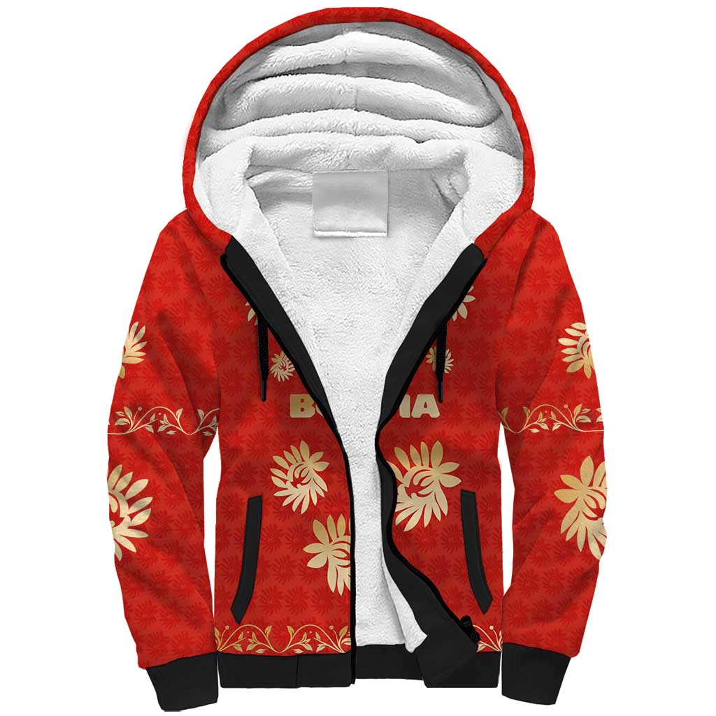 Bolivia National Emblem Sherpa Hoodie with Floral Pattern and Red Folk Design