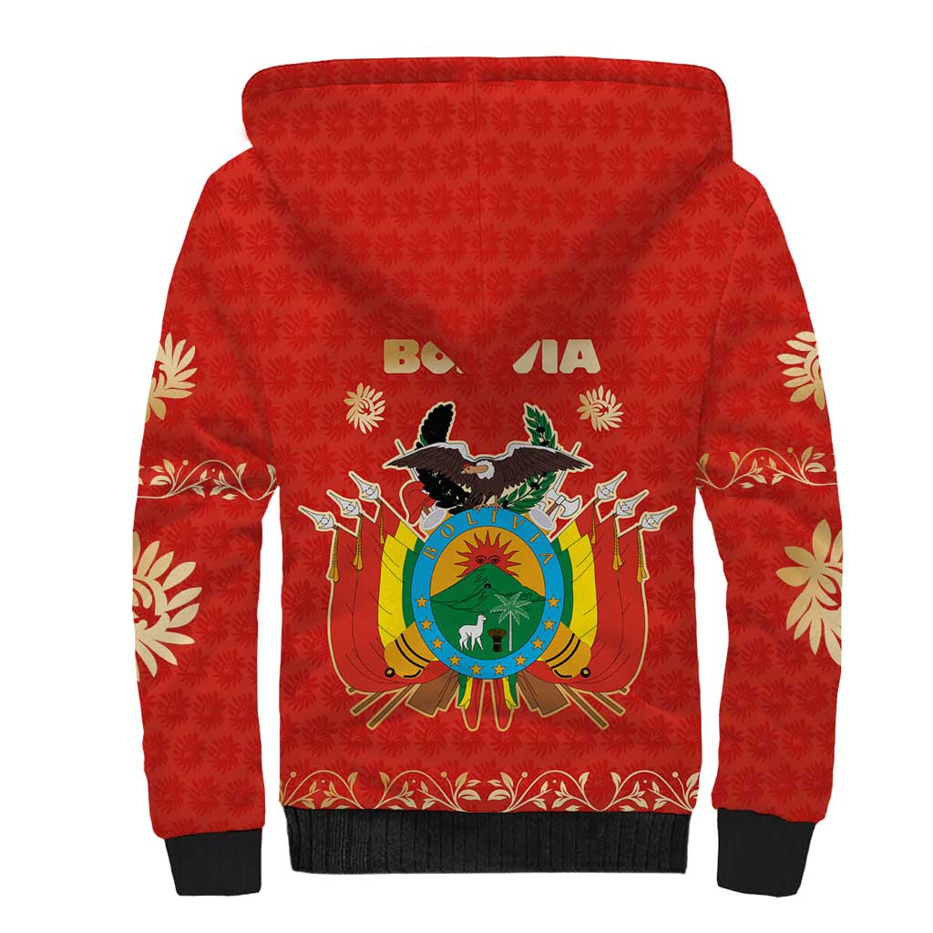 Bolivia National Emblem Sherpa Hoodie with Floral Pattern and Red Folk Design