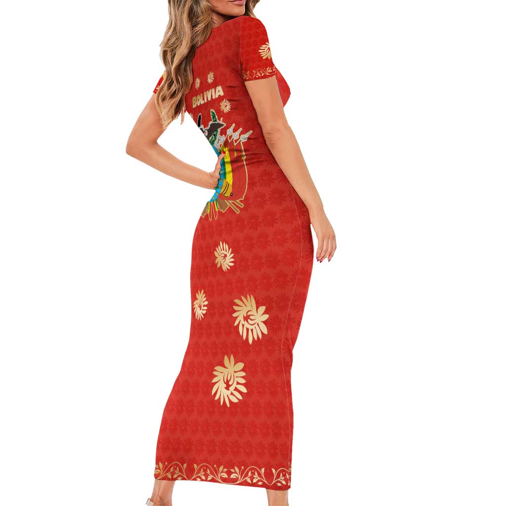 Bolivia National Emblem Short Sleeve Bodycon Dress with Floral Pattern and Red Folk Design
