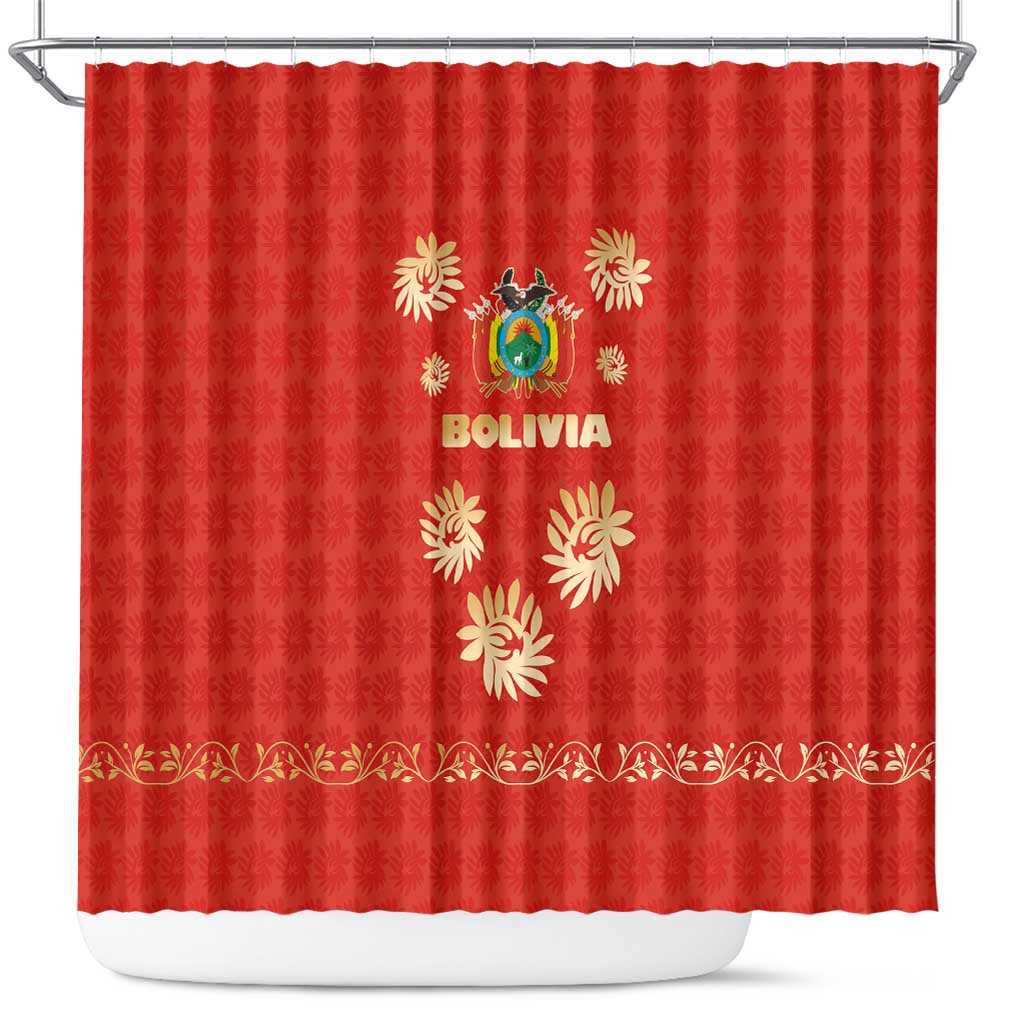 Bolivia National Emblem Shower Curtain with Floral Pattern and Red Folk Design