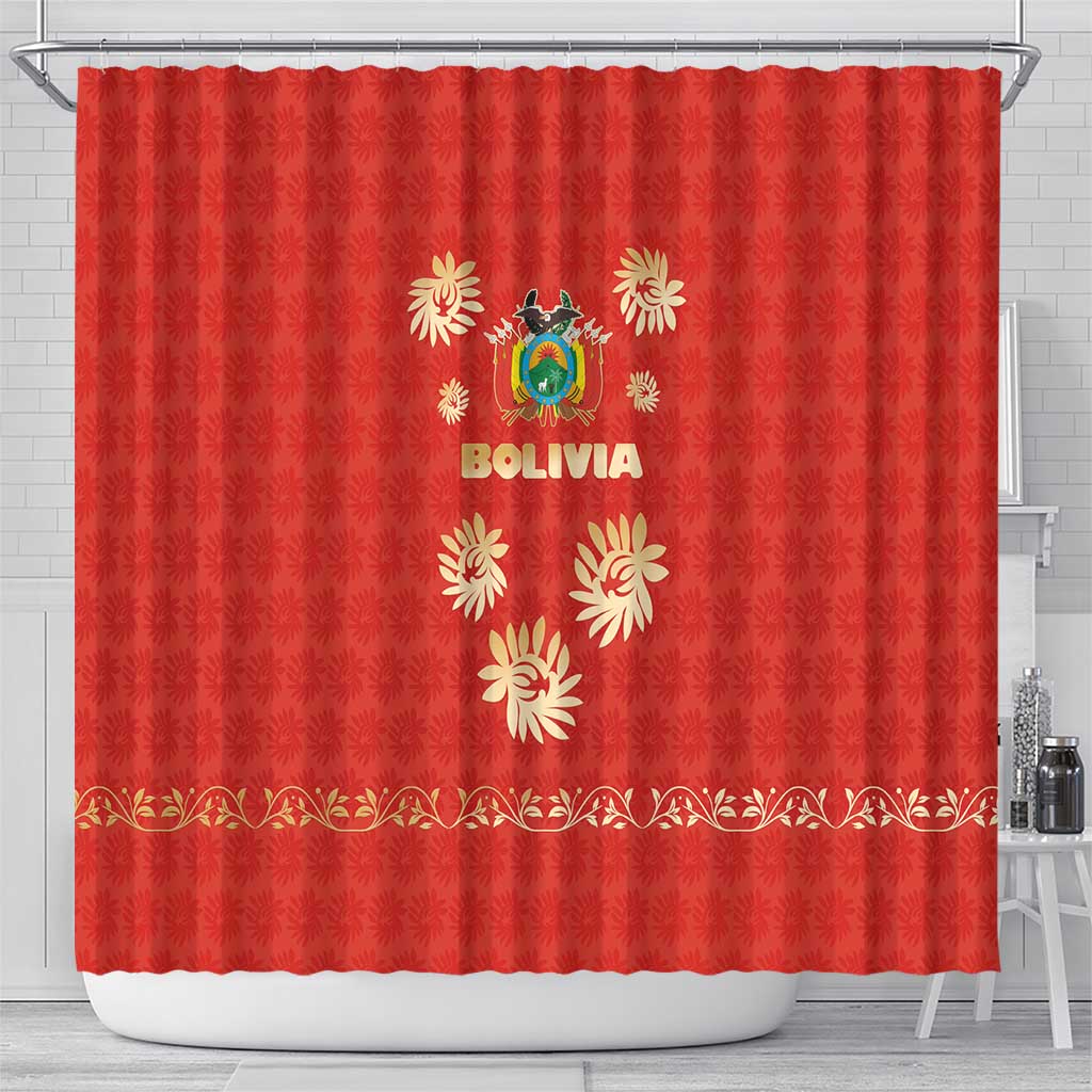 Bolivia National Emblem Shower Curtain with Floral Pattern and Red Folk Design