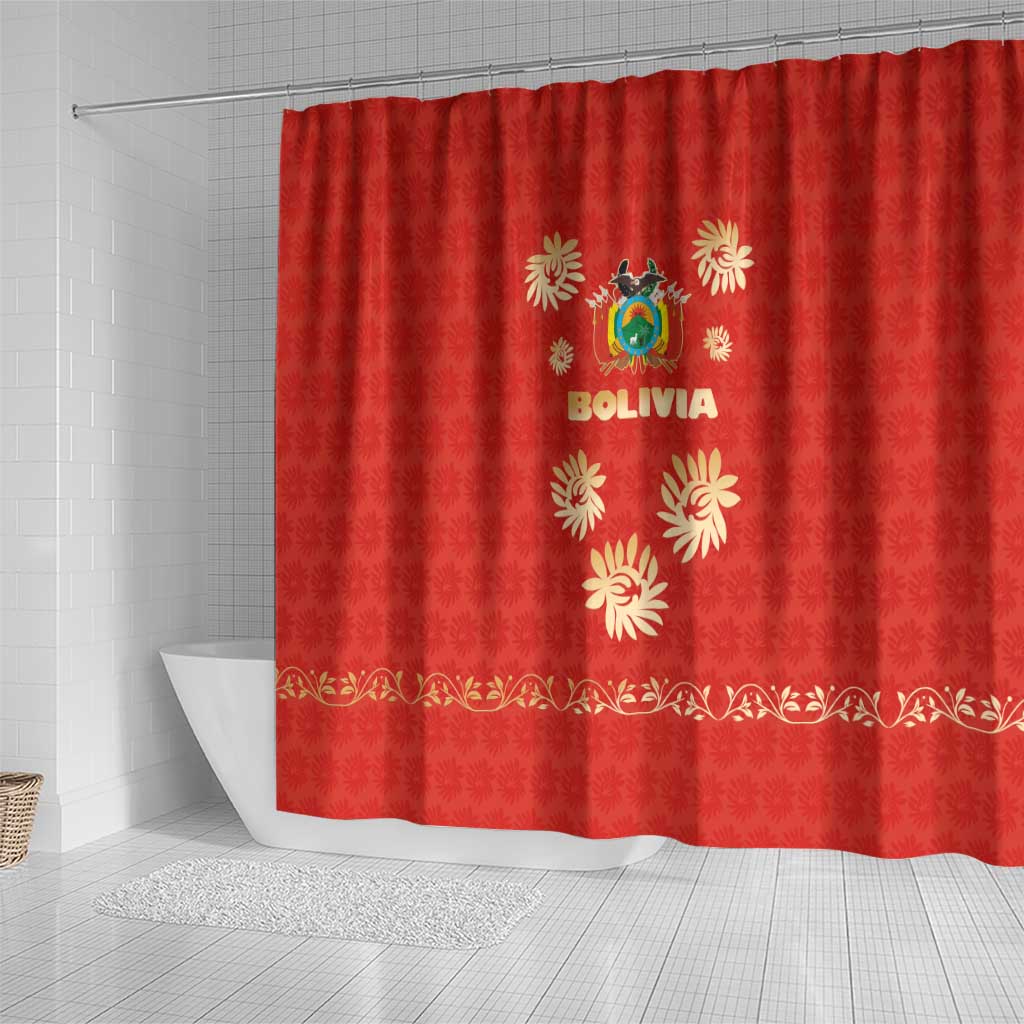Bolivia National Emblem Shower Curtain with Floral Pattern and Red Folk Design