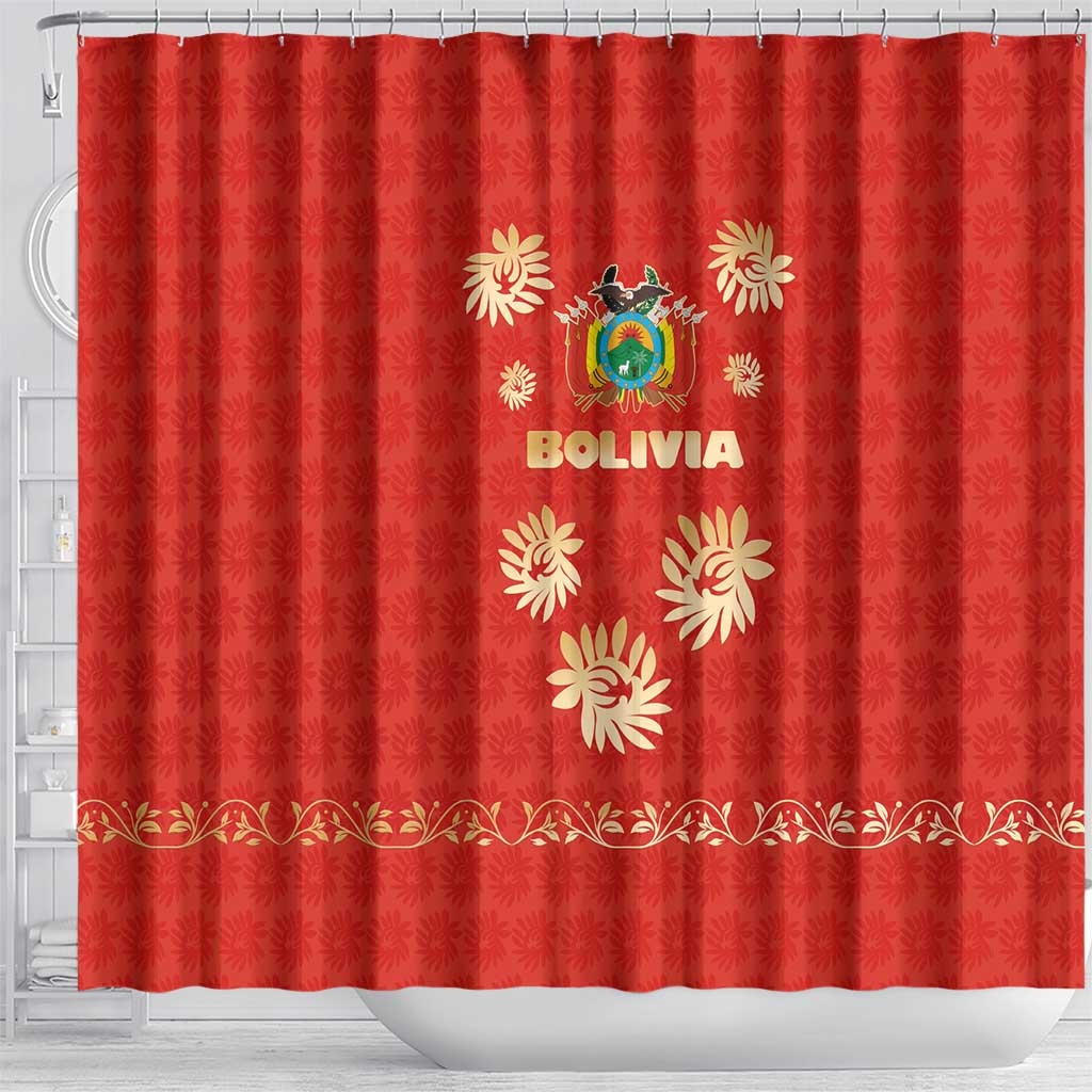 Bolivia National Emblem Shower Curtain with Floral Pattern and Red Folk Design