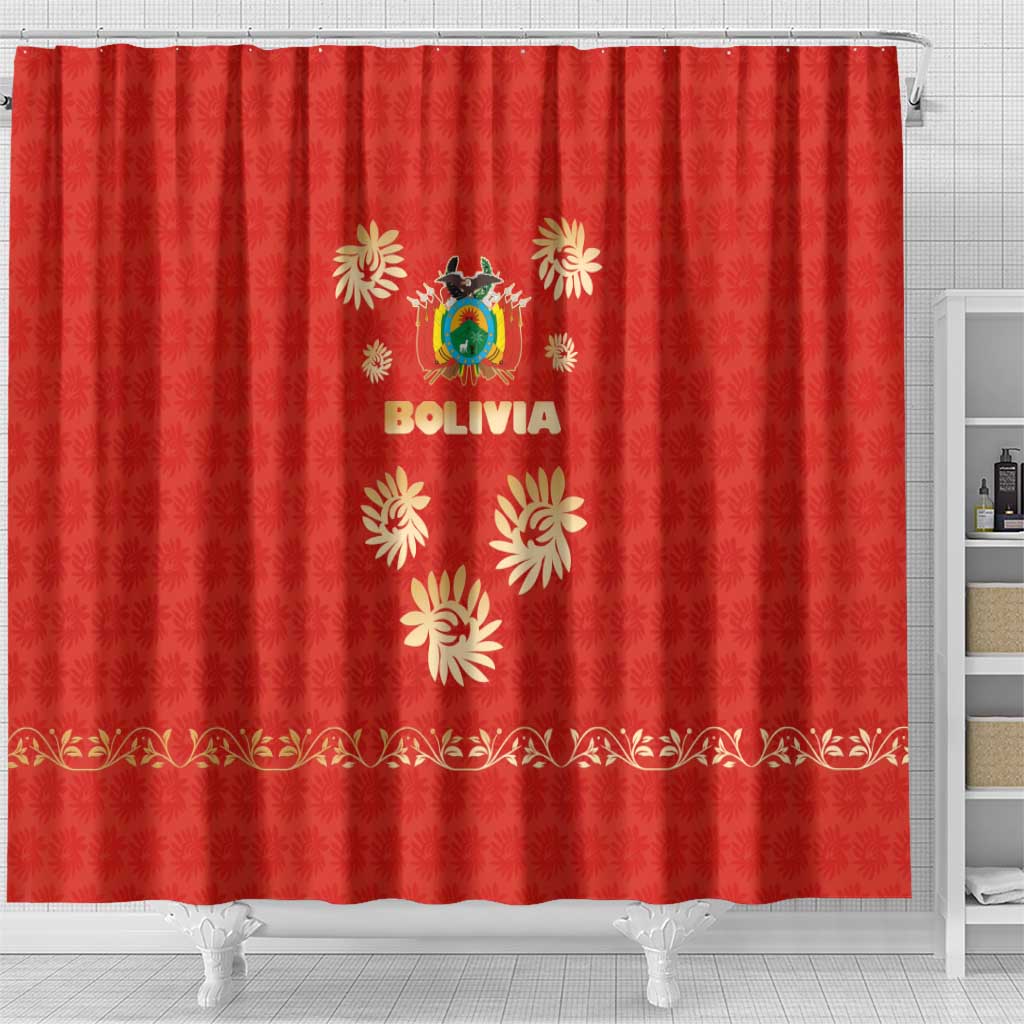 Bolivia National Emblem Shower Curtain with Floral Pattern and Red Folk Design