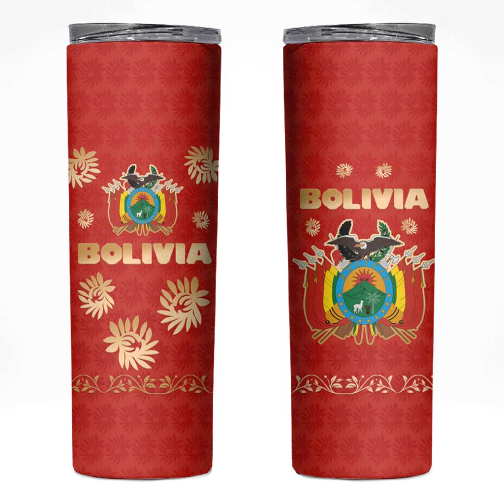 Bolivia National Emblem Skinny Tumbler with Floral Pattern and Red Folk Design