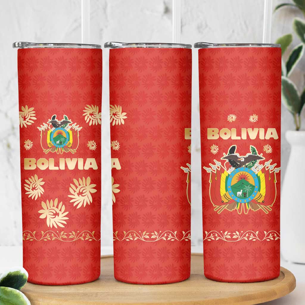 Bolivia National Emblem Skinny Tumbler with Floral Pattern and Red Folk Design