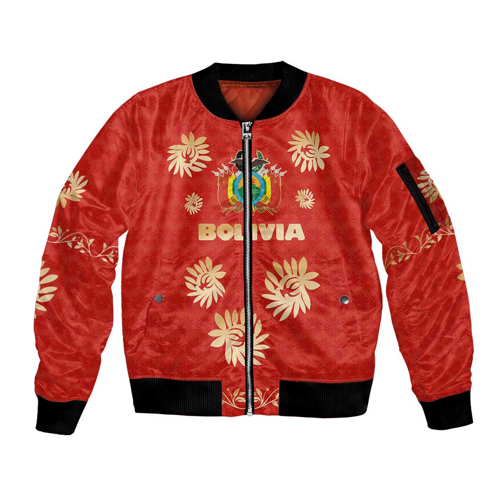 Bolivia National Emblem Sleeve Zip Bomber Jacket with Floral Pattern and Red Folk Design