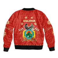 Bolivia National Emblem Sleeve Zip Bomber Jacket with Floral Pattern and Red Folk Design