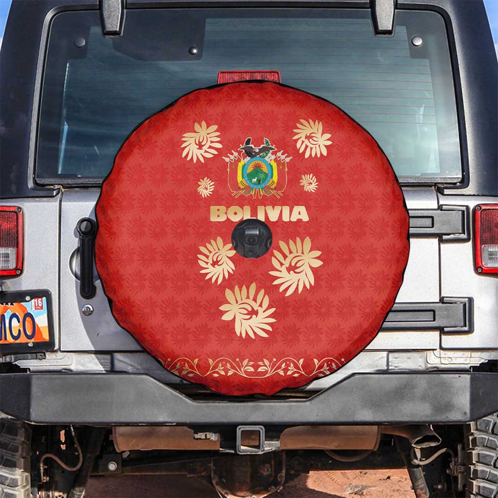 Bolivia National Emblem Spare Tire Cover with Floral Pattern and Red Folk Design