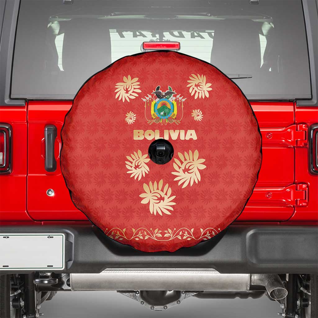 Bolivia National Emblem Spare Tire Cover with Floral Pattern and Red Folk Design