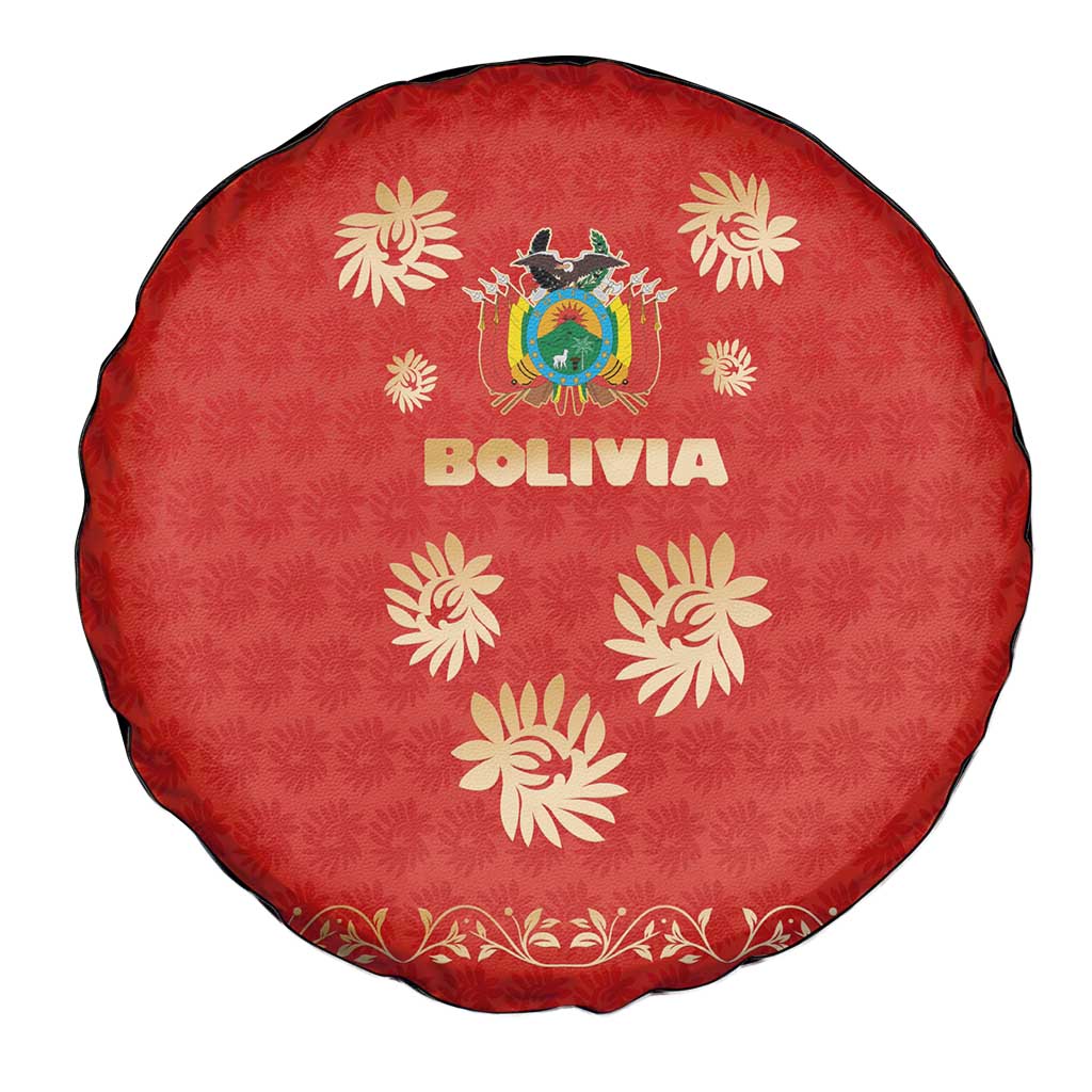 Bolivia National Emblem Spare Tire Cover with Floral Pattern and Red Folk Design