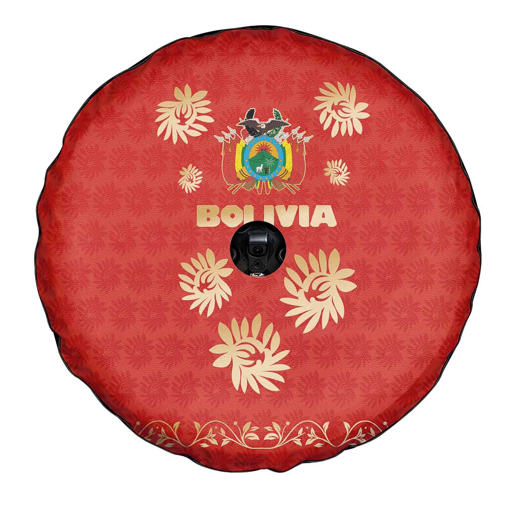Bolivia National Emblem Spare Tire Cover with Floral Pattern and Red Folk Design