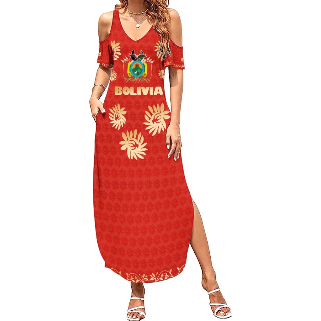 Bolivia National Emblem Summer Maxi Dress with Floral Pattern and Red Folk Design