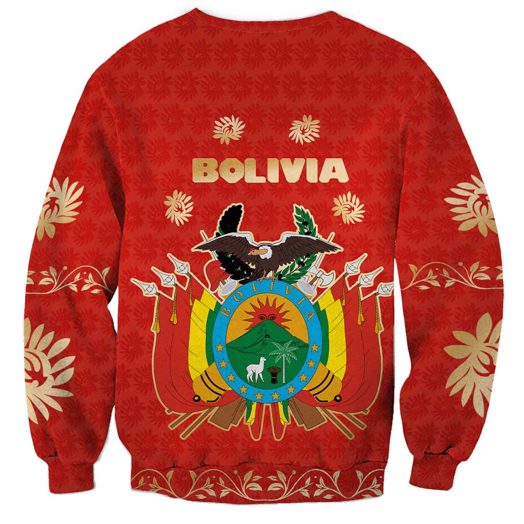 Bolivia National Emblem Sweatshirt with Floral Pattern and Red Folk Design