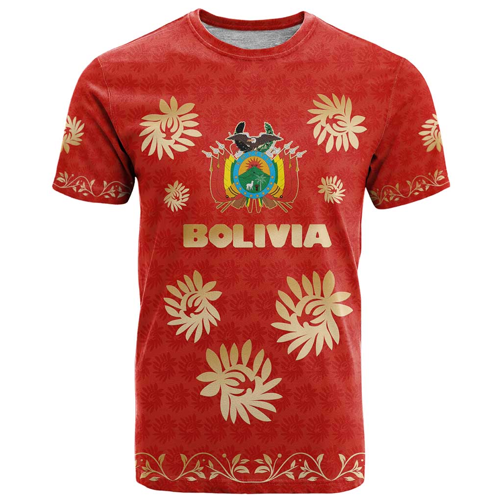 Bolivia National Emblem T Shirt with Floral Pattern and Red Folk Design