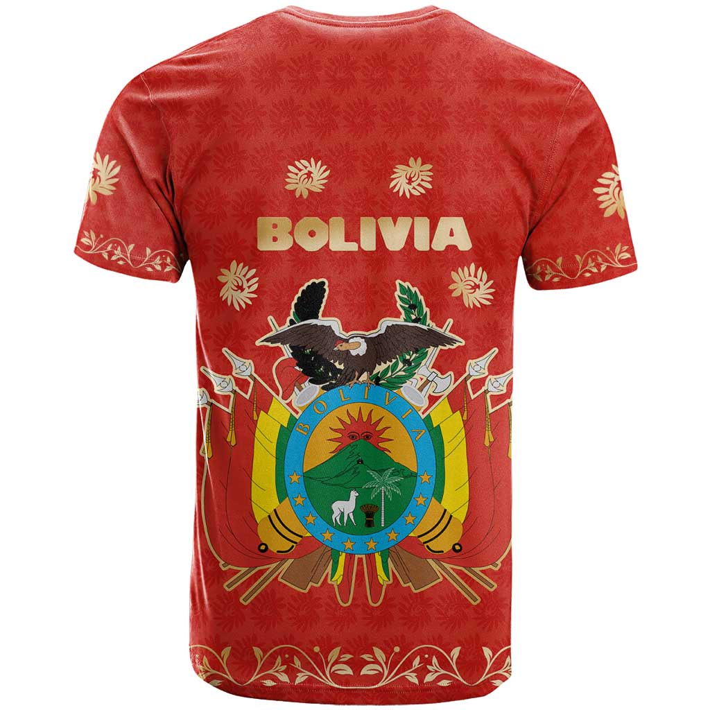 Bolivia National Emblem T Shirt with Floral Pattern and Red Folk Design