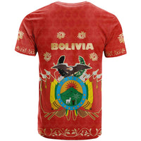 Bolivia National Emblem T Shirt with Floral Pattern and Red Folk Design