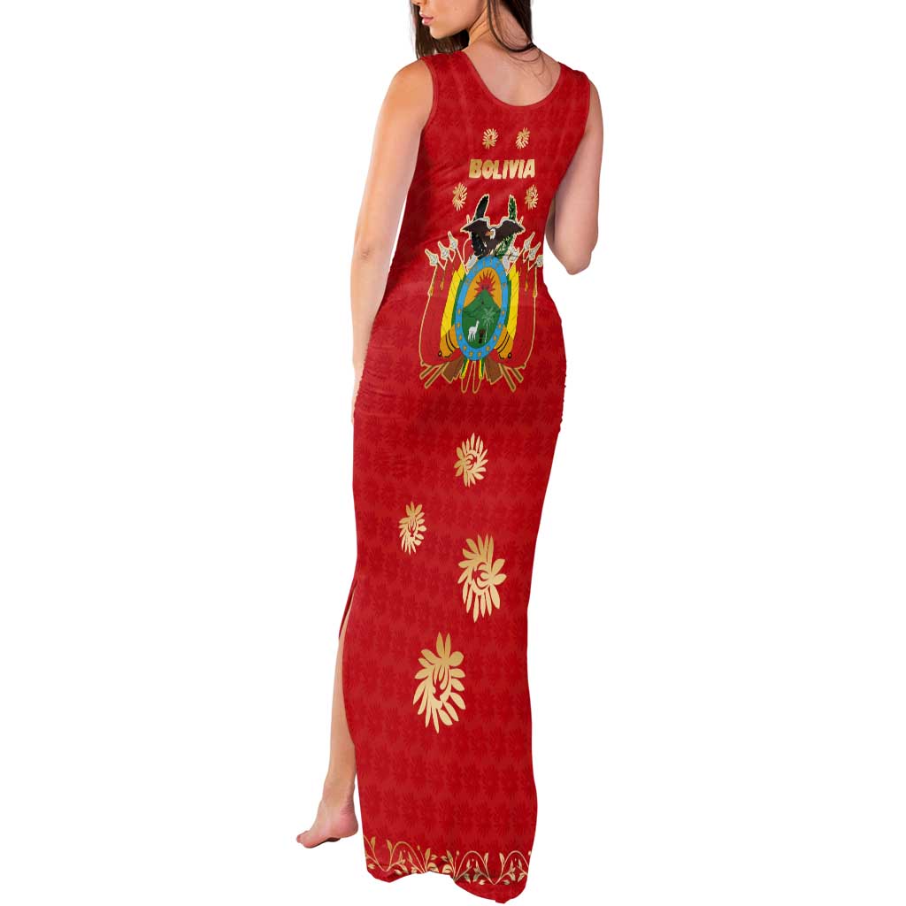 Bolivia National Emblem Tank Maxi Dress with Floral Pattern and Red Folk Design