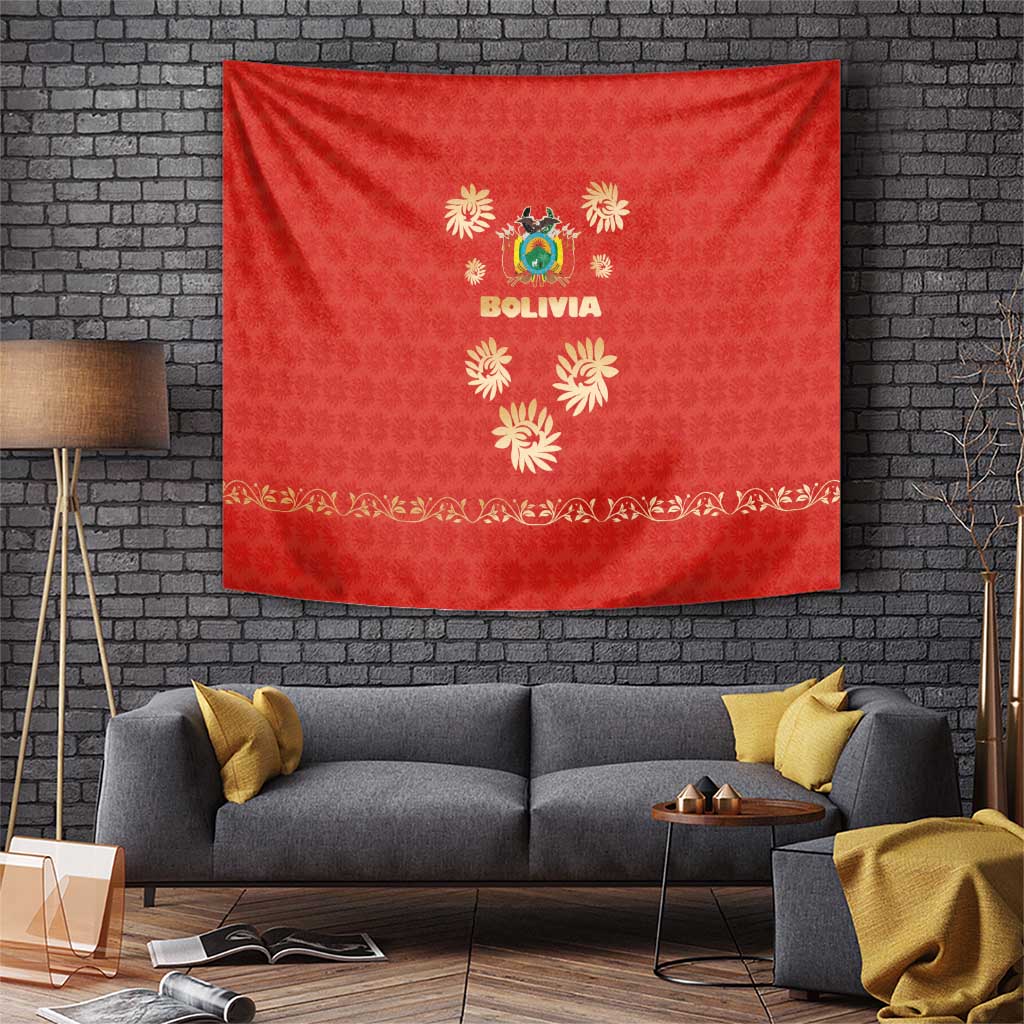 Bolivia National Emblem Tapestry with Floral Pattern and Red Folk Design