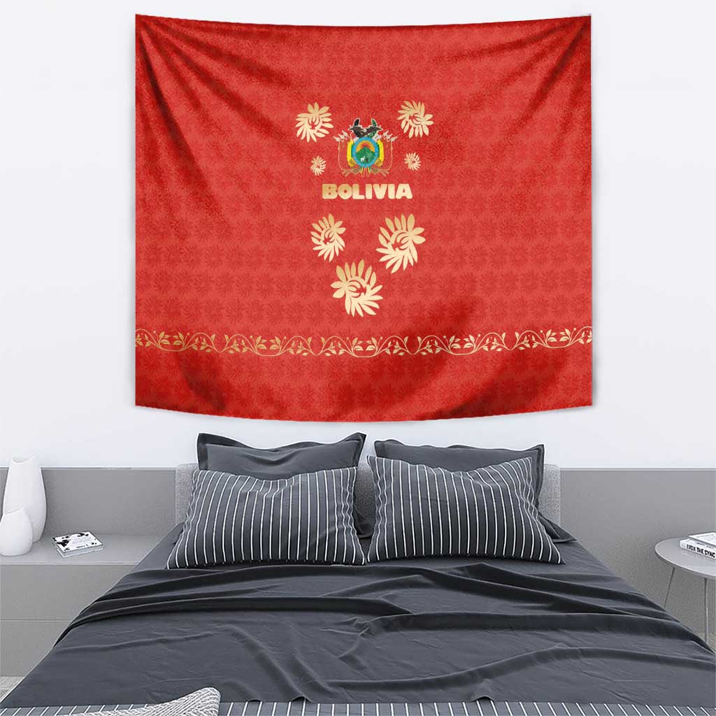 Bolivia National Emblem Tapestry with Floral Pattern and Red Folk Design