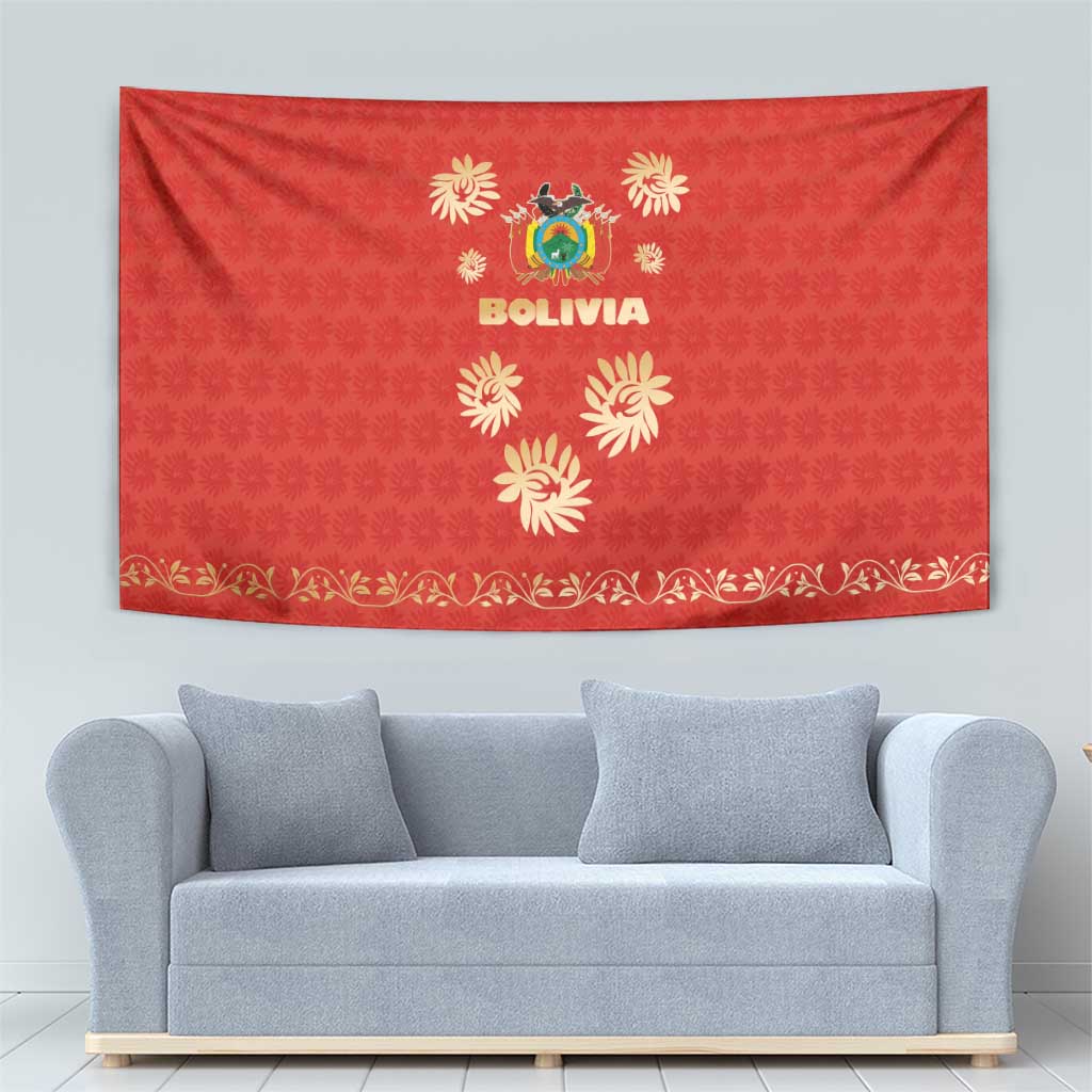 Bolivia National Emblem Tapestry with Floral Pattern and Red Folk Design