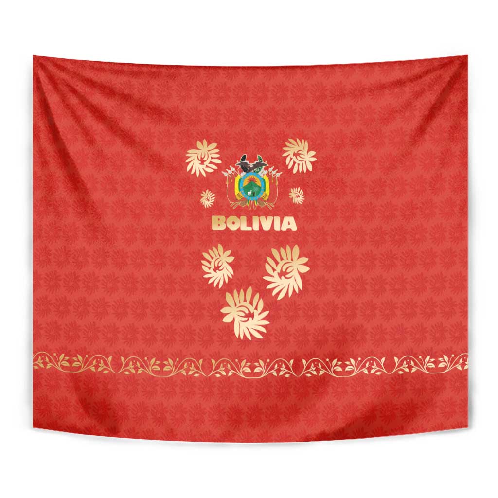 Bolivia National Emblem Tapestry with Floral Pattern and Red Folk Design