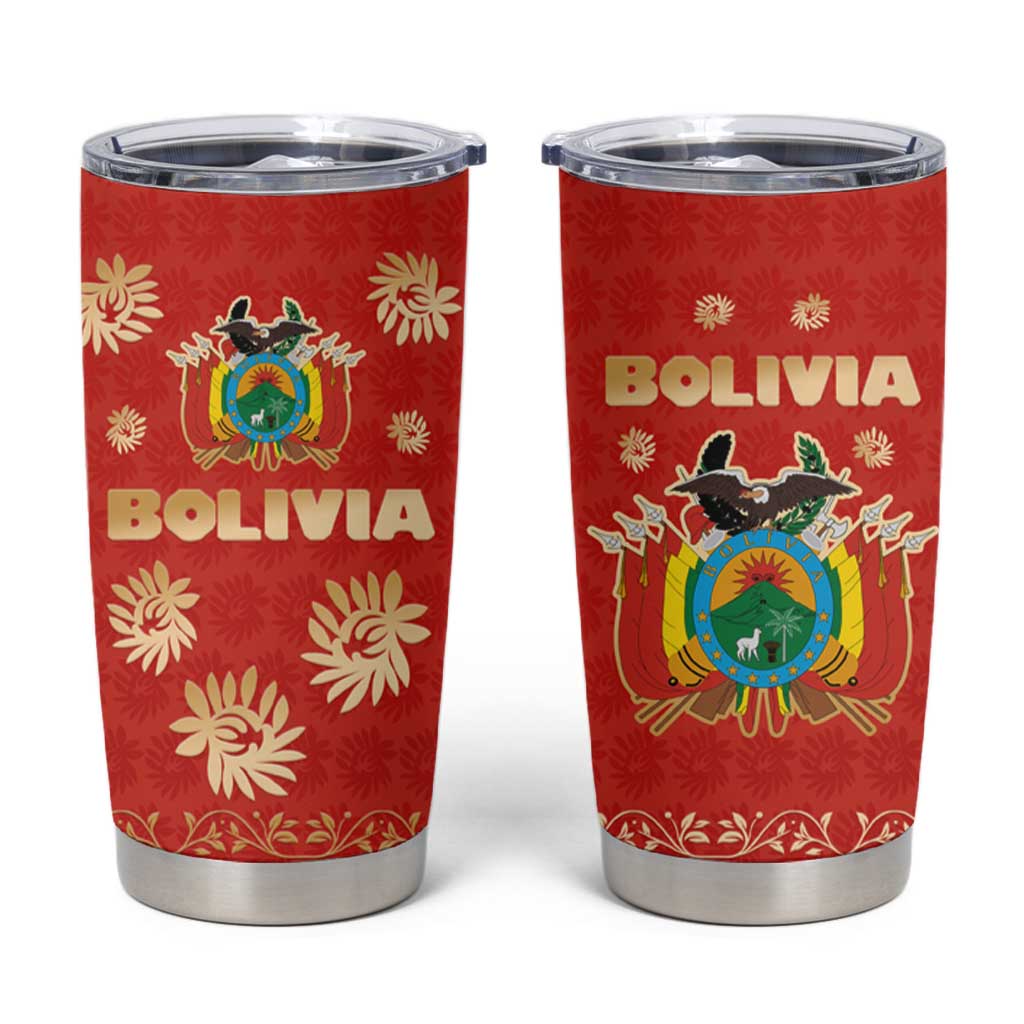 Bolivia National Emblem Tumbler Cup with Floral Pattern and Red Folk Design