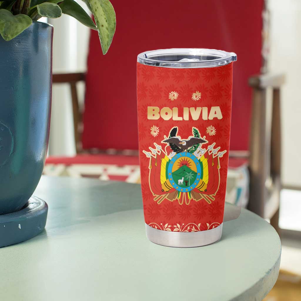 Bolivia National Emblem Tumbler Cup with Floral Pattern and Red Folk Design