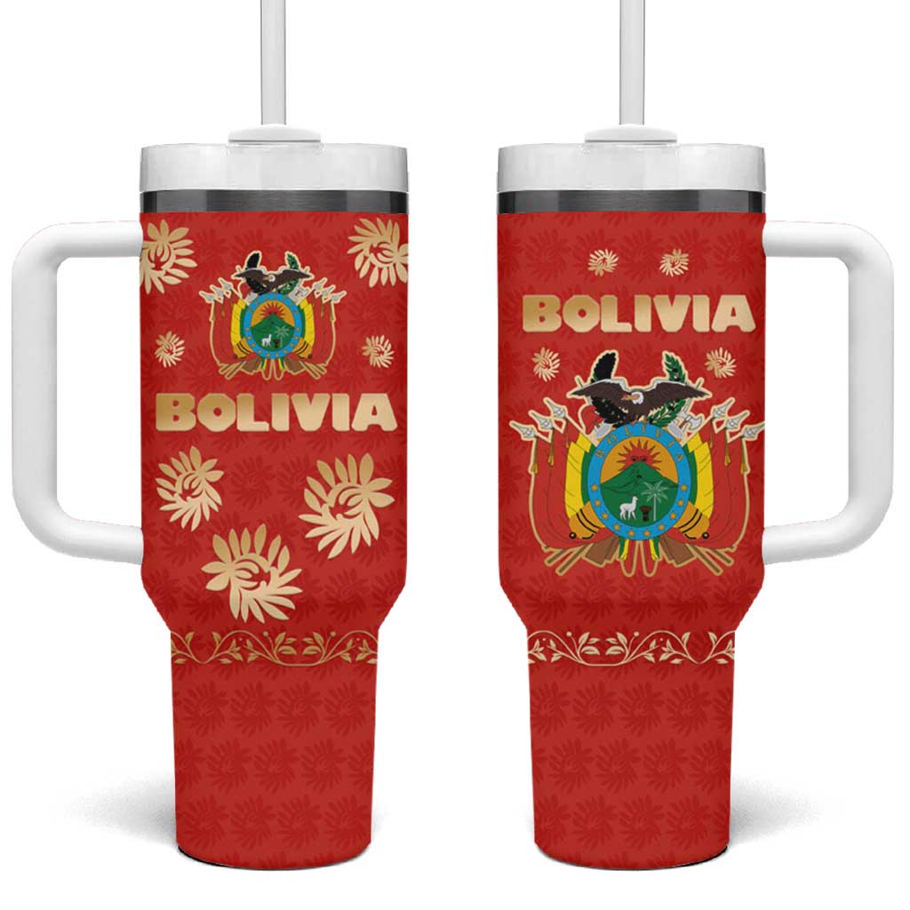 Bolivia National Emblem Tumbler With Handle with Floral Pattern and Red Folk Design