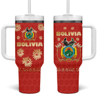 Bolivia National Emblem Tumbler With Handle with Floral Pattern and Red Folk Design