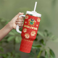 Bolivia National Emblem Tumbler With Handle with Floral Pattern and Red Folk Design