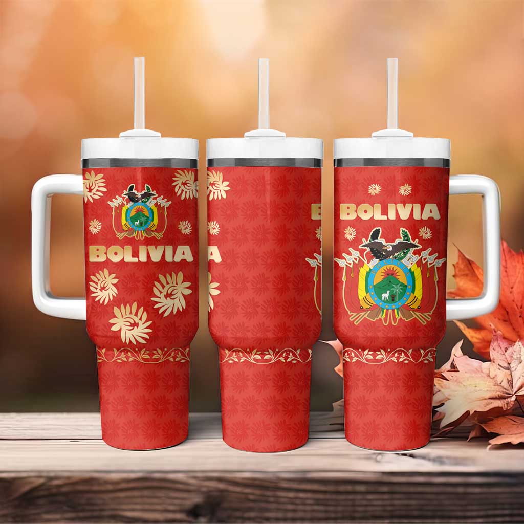 Bolivia National Emblem Tumbler With Handle with Floral Pattern and Red Folk Design