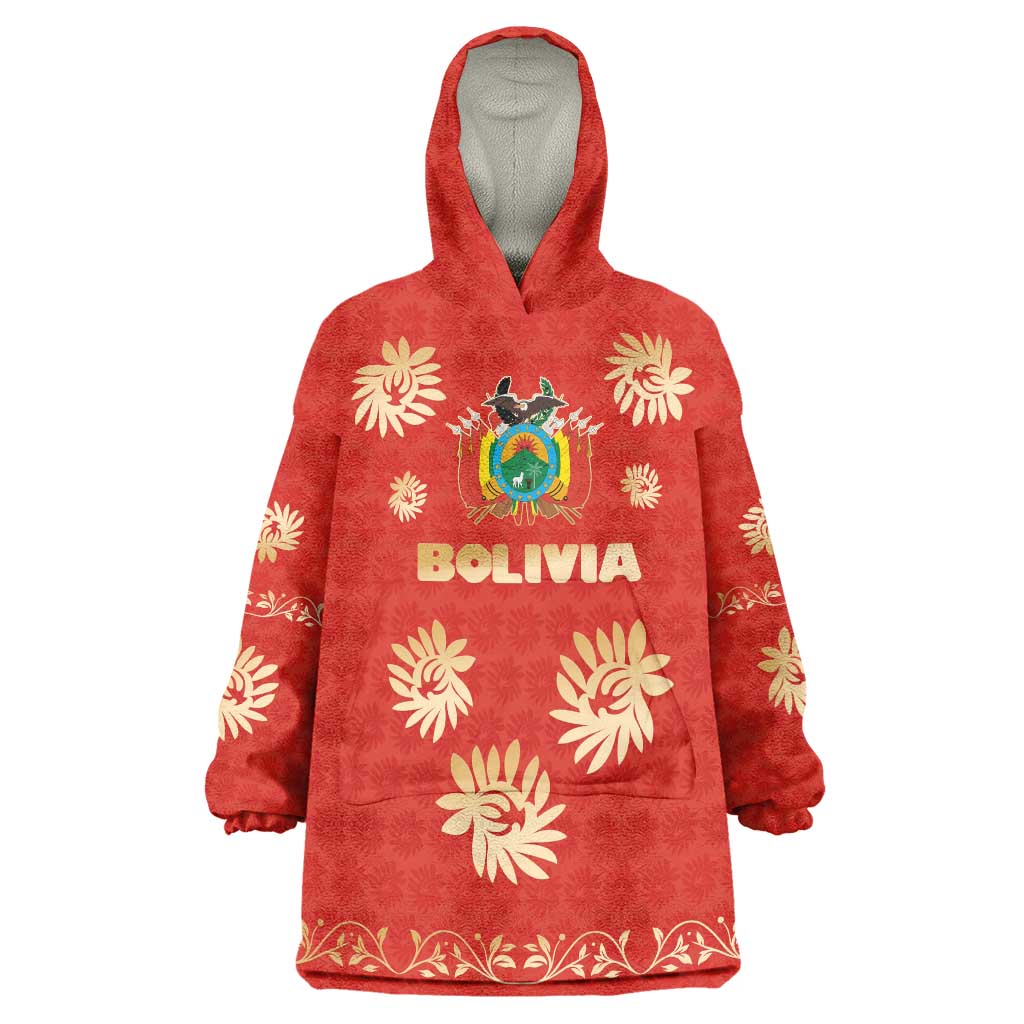Bolivia National Emblem Wearable Blanket Hoodie with Floral Pattern and Red Folk Design