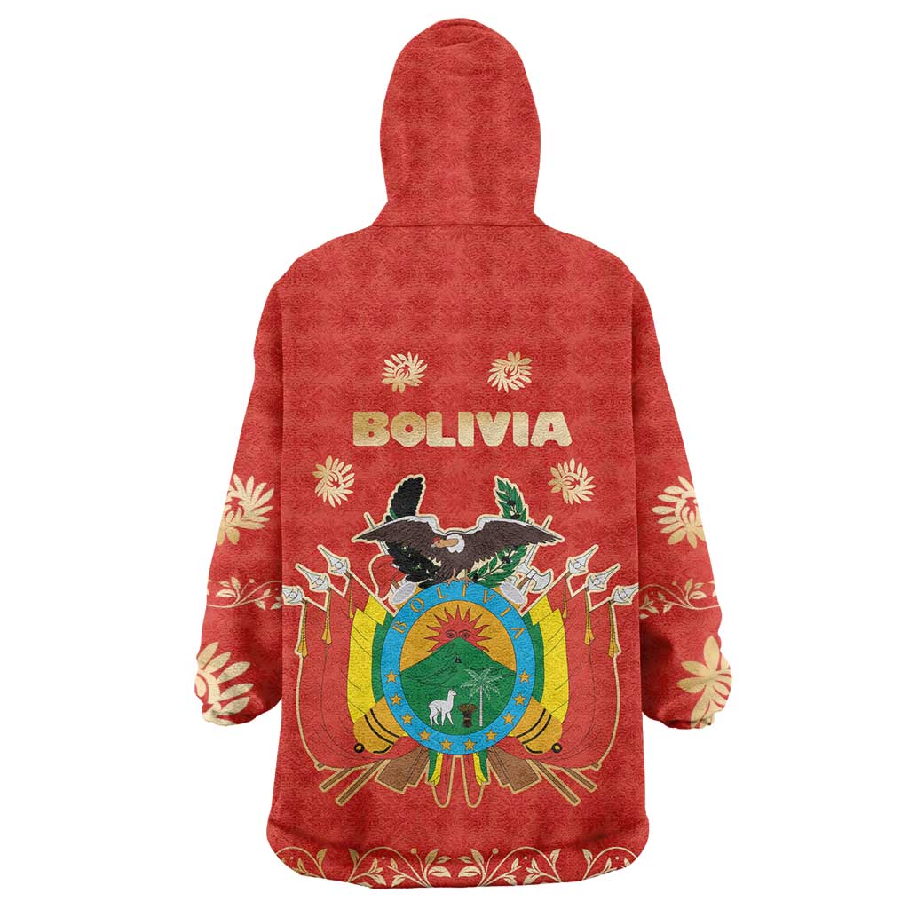 Bolivia National Emblem Wearable Blanket Hoodie with Floral Pattern and Red Folk Design
