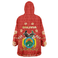 Bolivia National Emblem Wearable Blanket Hoodie with Floral Pattern and Red Folk Design