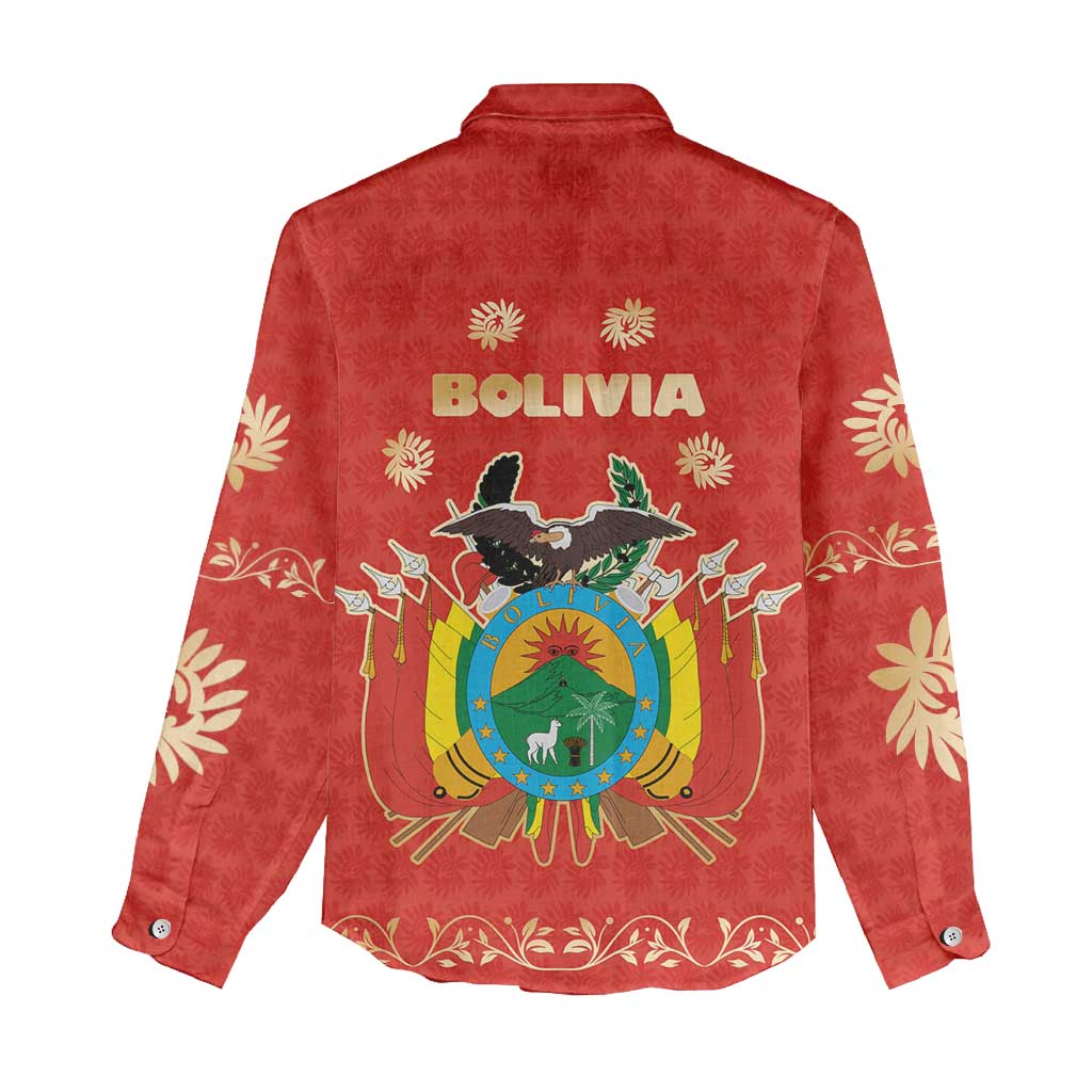 Bolivia National Emblem Women Casual Shirt with Floral Pattern and Red Folk Design