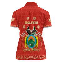 Bolivia National Emblem Women Polo Shirt with Floral Pattern and Red Folk Design