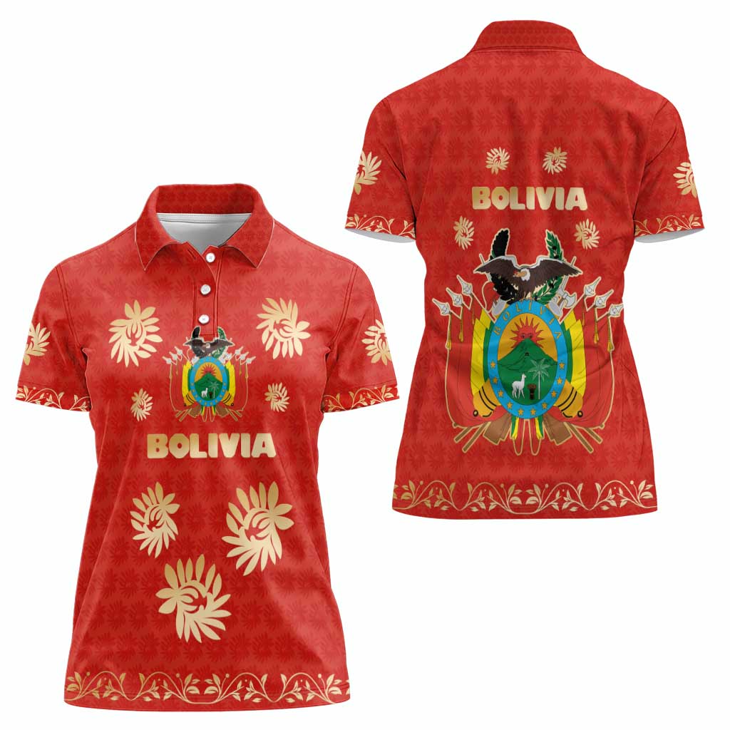 Bolivia National Emblem Women Polo Shirt with Floral Pattern and Red Folk Design