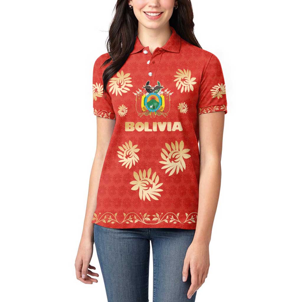 Bolivia National Emblem Women Polo Shirt with Floral Pattern and Red Folk Design