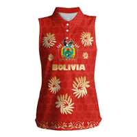 Bolivia National Emblem Women Sleeveless Polo Shirt with Floral Pattern and Red Folk Design