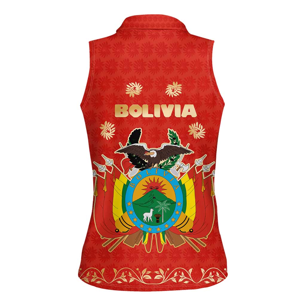 Bolivia National Emblem Women Sleeveless Polo Shirt with Floral Pattern and Red Folk Design