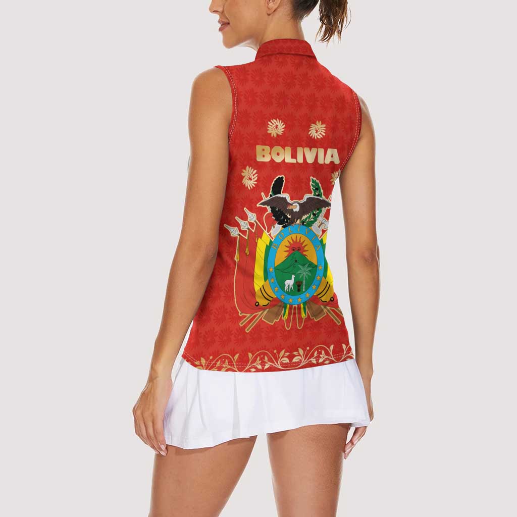 Bolivia National Emblem Women Sleeveless Polo Shirt with Floral Pattern and Red Folk Design