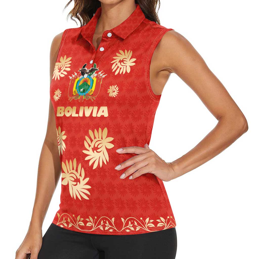 Bolivia National Emblem Women Sleeveless Polo Shirt with Floral Pattern and Red Folk Design