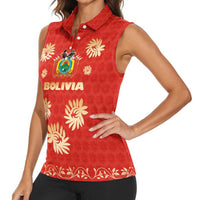 Bolivia National Emblem Women Sleeveless Polo Shirt with Floral Pattern and Red Folk Design